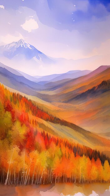 Watercolor mountain autumn landscape with snowy peaks Panorama Generative AI