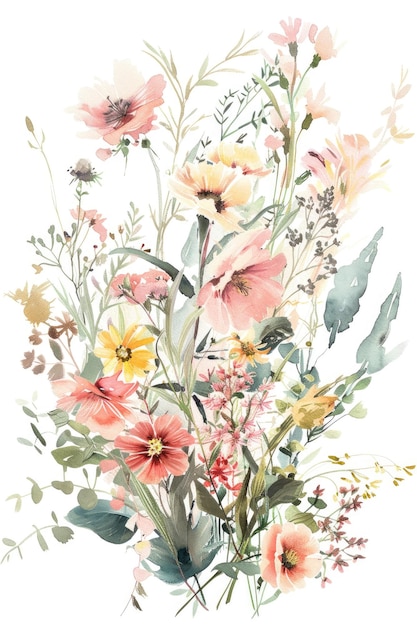 Photo watercolor mountain glade flowers bouquet wild bouquet messy esthetic arrangement soft light colours