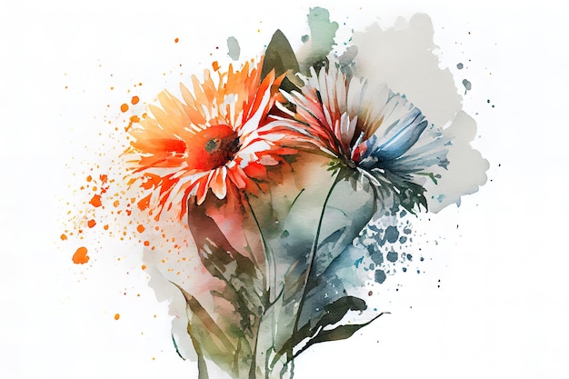 Watercolor natural background with daisies Generative Ai