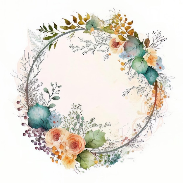 Watercolor Natural Frame with Cute Flowers for Wedding Card Illustration AI Generative