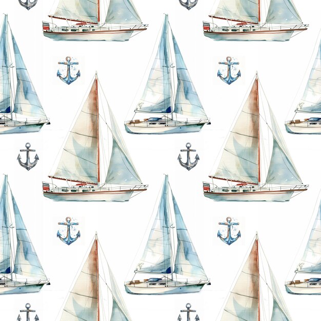 Photo watercolor nautical ships seamless pattern sailboats and anchors on white background