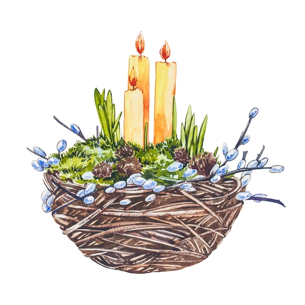 Watercolor nest with easter candles and willow branches. Hand draw watercolor illustrations on white background. Easter collection.