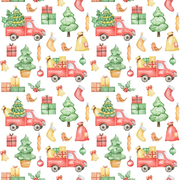 Watercolor New Year pattern, Merry Christmas background, christmas truck, spruce, pattern design