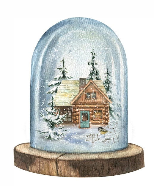 Watercolor New Year's illustration of a snow globe in which there is a wooden house,trees.