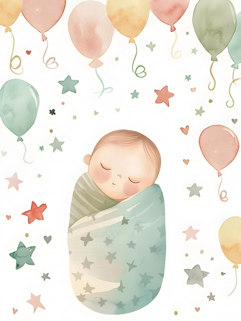 Watercolor of a Newborn Baby Shower Greeting Card with Soft Pastel Colors and Whimsical