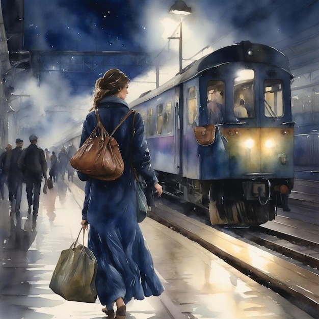 Watercolor night train station woman