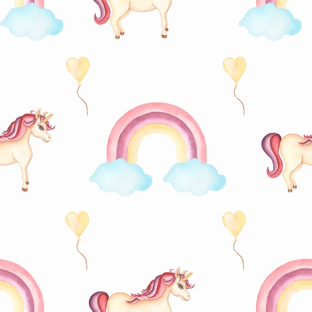 Watercolor nursery seamless pattern with hand painted rainbows .