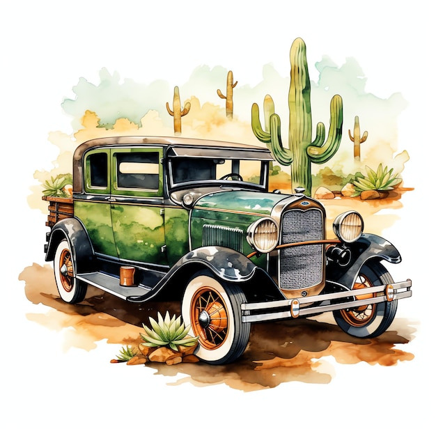 watercolor old car western wild west cowboy desert illustration clipart