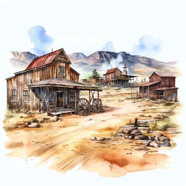 watercolor Old mining town western wild west cowboy desert illustration clipart