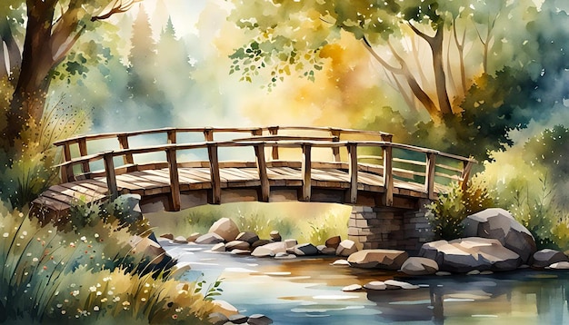 Watercolor old wooden bridge over a stream