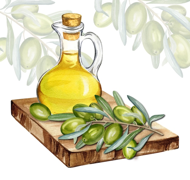 Watercolor olive oil in glass bottle with branch of green olives with leaves and fruits on board