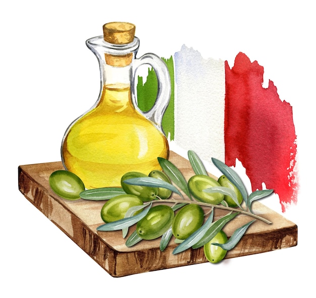 Watercolor olive oil in glass bottle with branch of green olives with leaves and fruits on cutting b