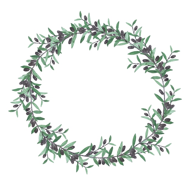 Watercolor olive wreath. Isolated illustration on white wall.