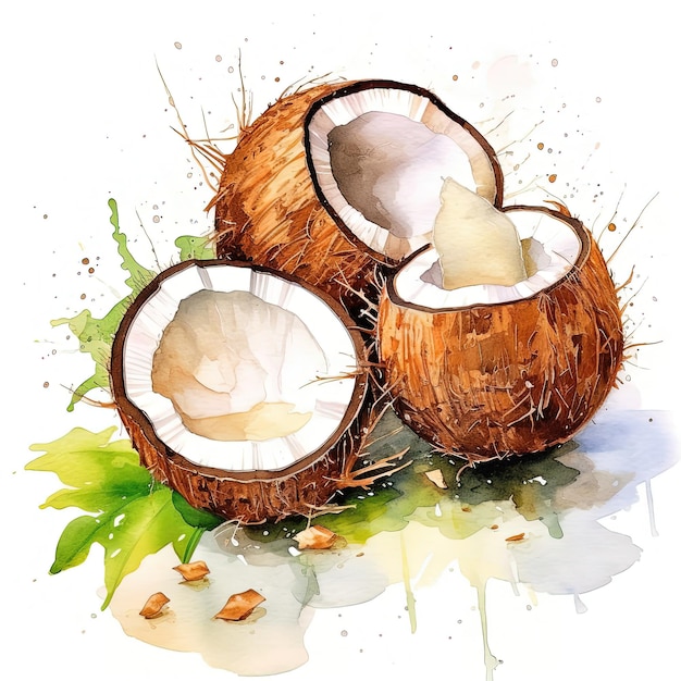 Watercolor open coconut Illustration AI GenerativexA