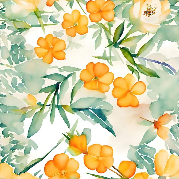 Watercolor orange berries on branches with leaves on a white background