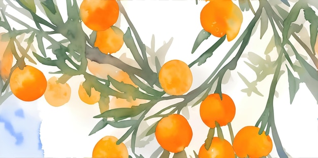 Watercolor orange berries on branches with leaves on a white background