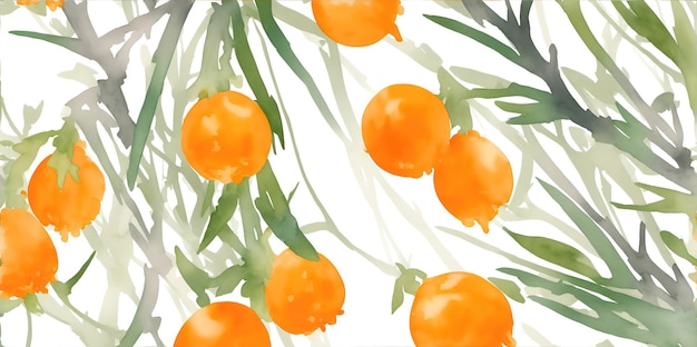 Watercolor orange berries on branches with leaves on a white background