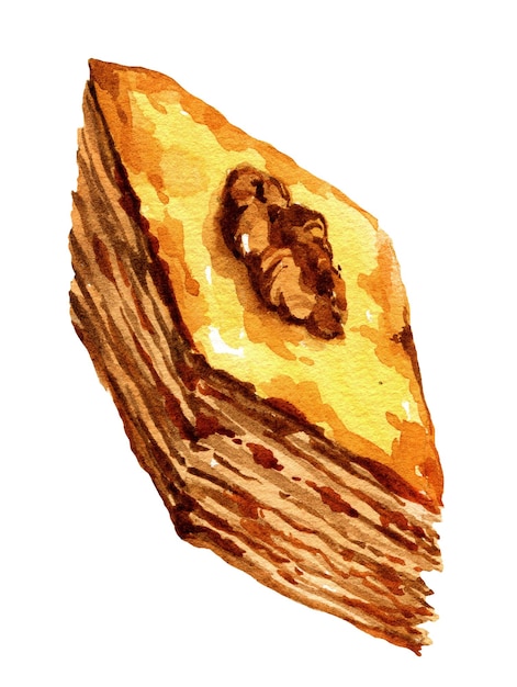 Watercolor oriental sweets illustration of traditional turkish sweets baklava with honey and nuts