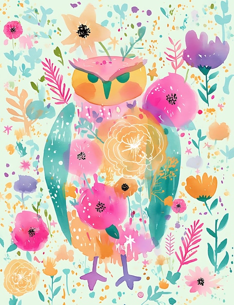 Photo watercolor owl in a floral garden