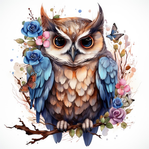 Watercolor Owl with Dreamcatcher Clipart illustration Generative Ai