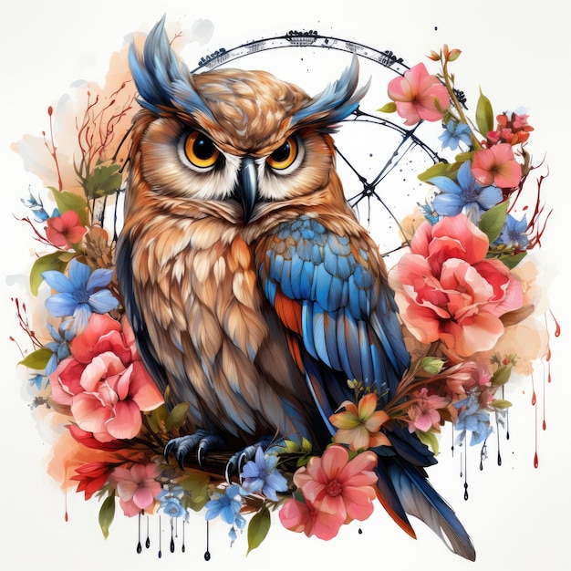 Watercolor Owl with Dreamcatcher Clipart illustration Generative Ai