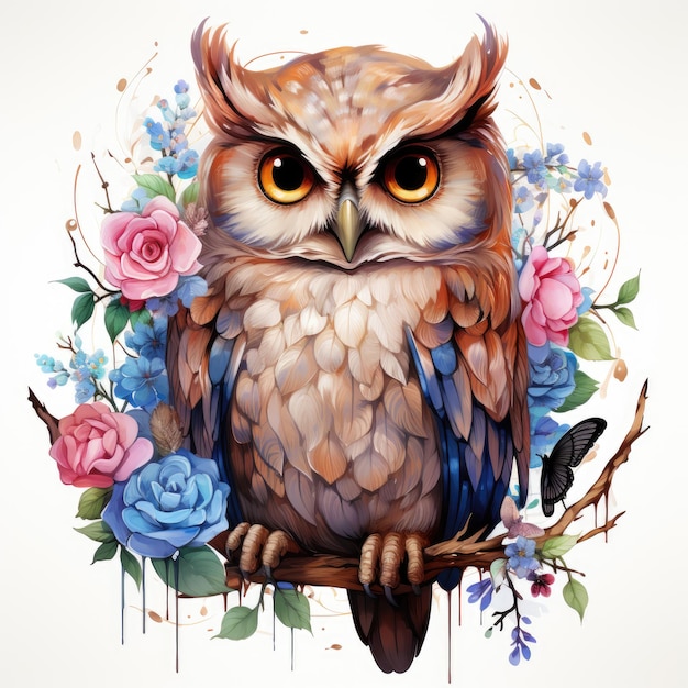 Watercolor Owl with Dreamcatcher Clipart illustration Generative Ai