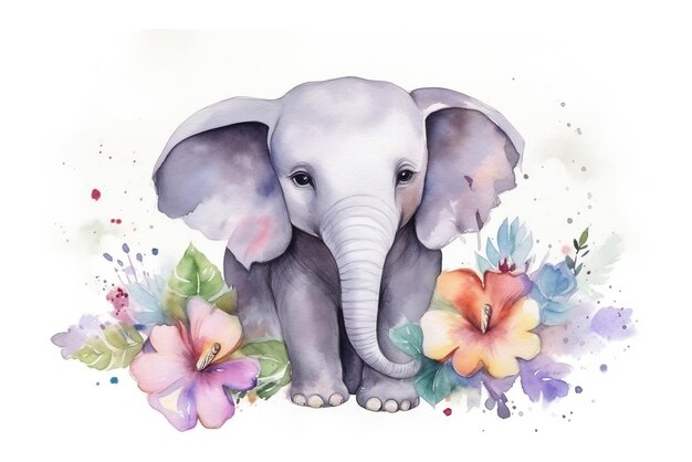 Watercolor paint illustration of a little baby elephant in flowers on white