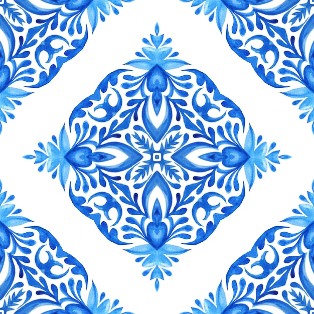 Watercolor paint seamless tiles design surface blue and white ornament