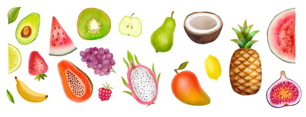 Photo watercolor painted collection of fruits hand drawn fresh food design elements isolated on white