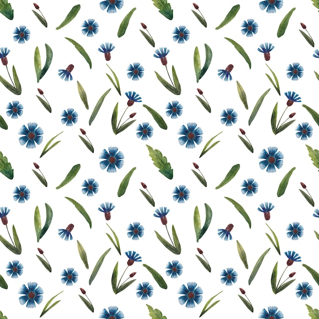 Watercolor painted leaves and flowers. Seamless pattern fill.