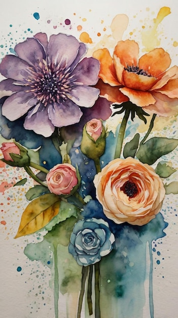 Watercolor painting Abstract bouquet of textures Construct an abstract bouquet of flowers using vari