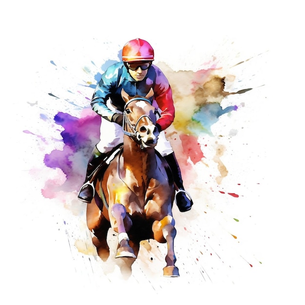 Watercolor Painting of Abstract Racing Horse and Jockey on White Background Colorful Illustration Generative AI