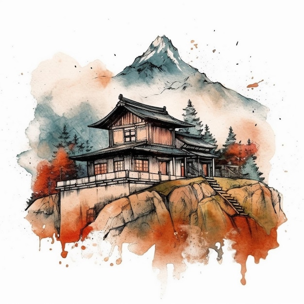 Watercolor painting of an ancient house