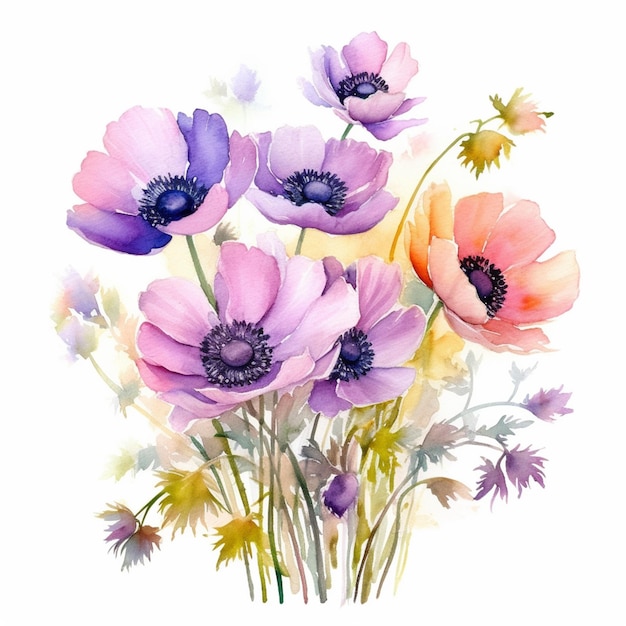 Watercolor painting of anemones flowers in purple, orange, and yellow