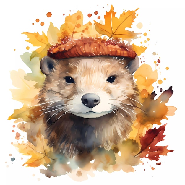 A watercolor painting of an animal with a hat and leaves.