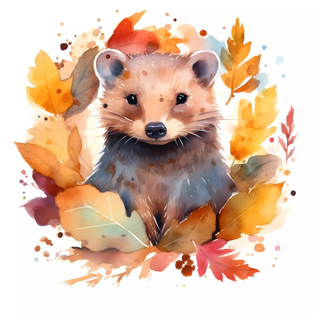 A watercolor painting of an animal with leaves and the word possum on it.