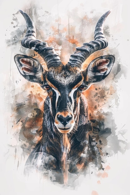 A watercolor painting of an antelope with distinctive large horns often found in grasslands and savannas