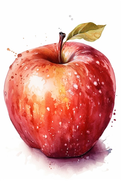 A watercolor painting of an apple with a green leaf.