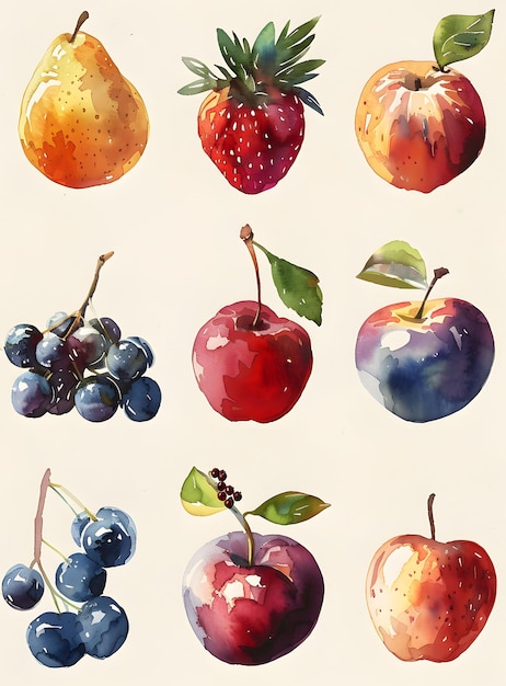 A watercolor painting of apples strawberries grapes cherries and pears