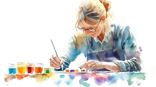 Photo watercolor painting artist woman