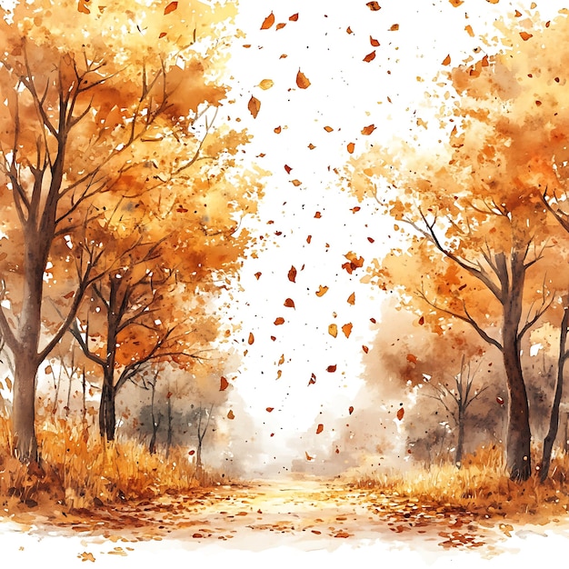 Photo watercolor painting of an autumn forest path with falling leaves