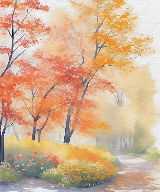 Watercolor Painting of Autumn Leaves in a Park