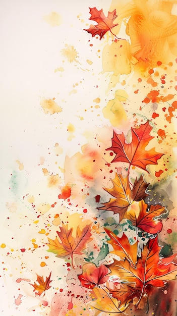 Photo watercolor painting of autumn leaves on a vibrant splatter background concept of fall foliage artistic expression seasonal art abstract autumn background copy space vertical