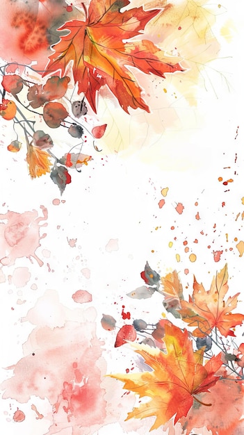 Photo watercolor painting of autumn leaves on a vibrant splatter background concept of fall foliage artistic expression seasonal art abstract autumn background copy space vertical