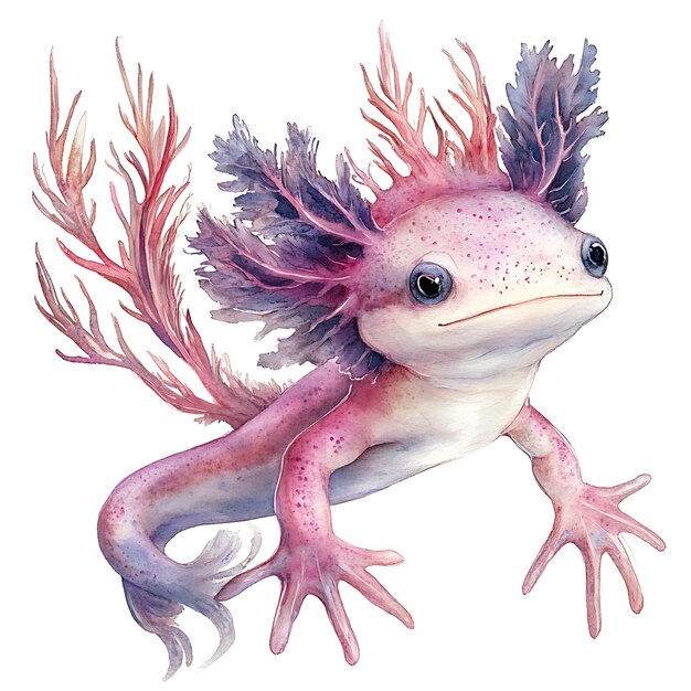 Watercolor Painting of an Axolotl with Feathery Gills