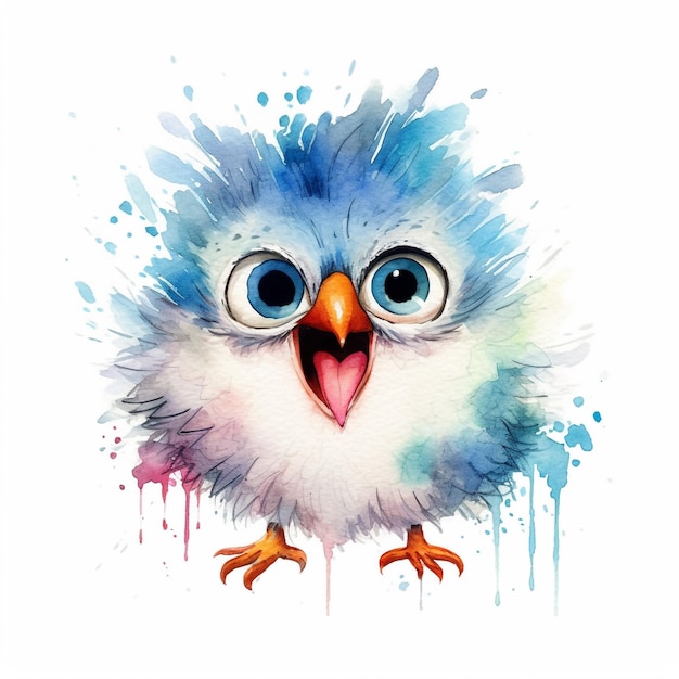 A watercolor painting of a baby bird with blue eyes and a blue beak.