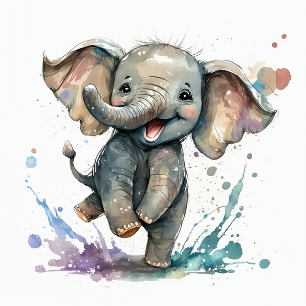 A watercolor painting of a baby elephant with a big ear.