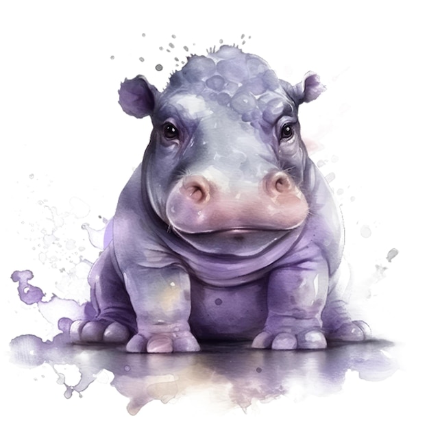 A watercolor painting of a baby hippo.