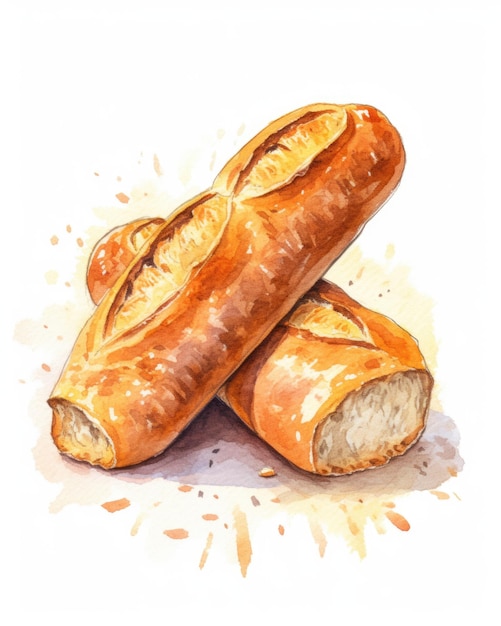 A watercolor painting of a baguette bread