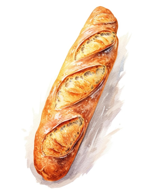 A watercolor painting of a baguette bread